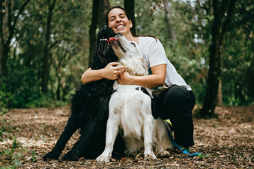 Mulher abraçando cães