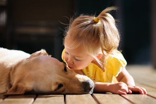 Une fillette et un chien.