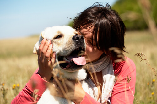 woman hugging dog in field
