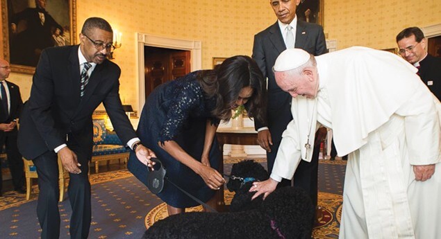 Pope Francis and dogs and Obama in the Oval Office.