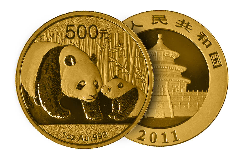 Monedas chinas con imágenes del oso panda.