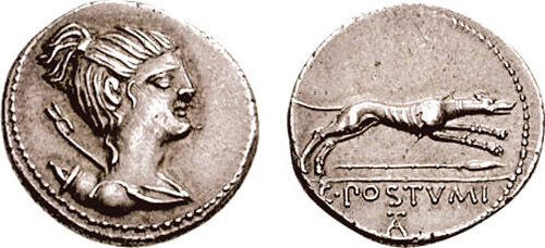 Moneda romana de busto de mujer con reverso de perro e inscripción.
