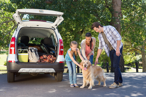 Famiglia che porta il cane in macchina