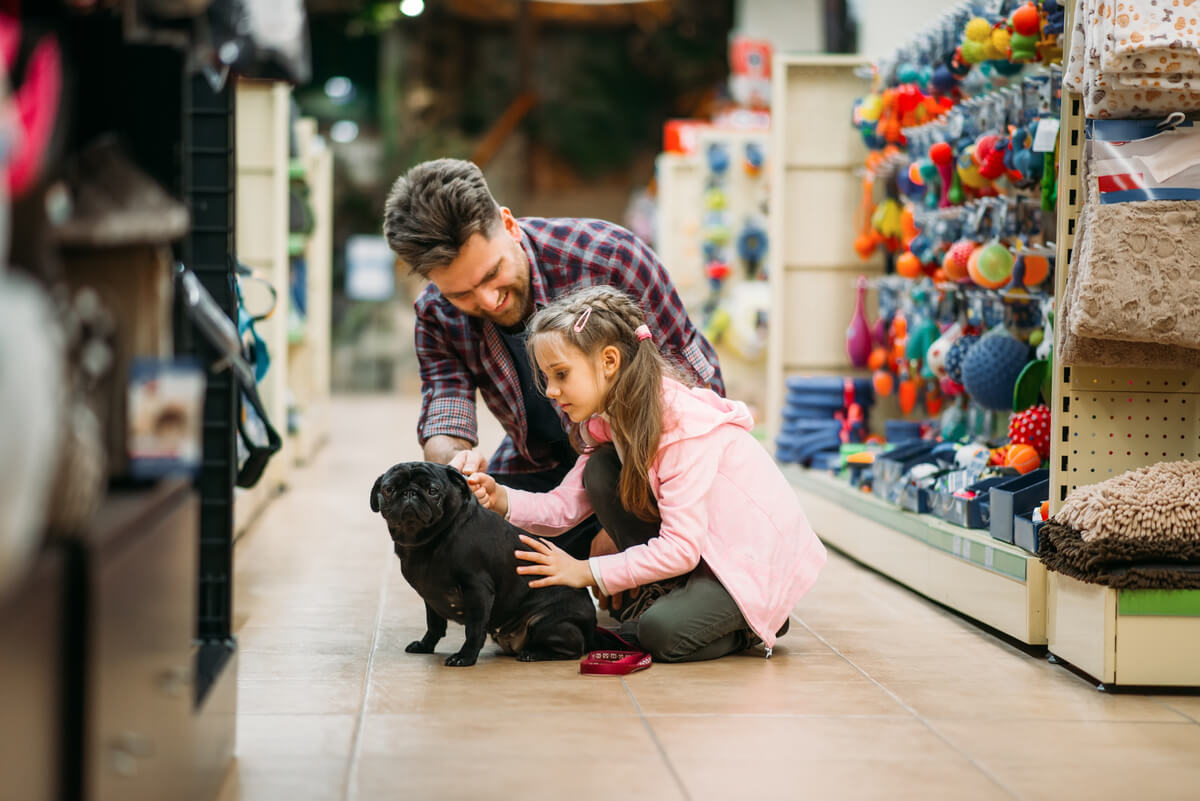 Una niña eligiendo un cachorro en una tienda.