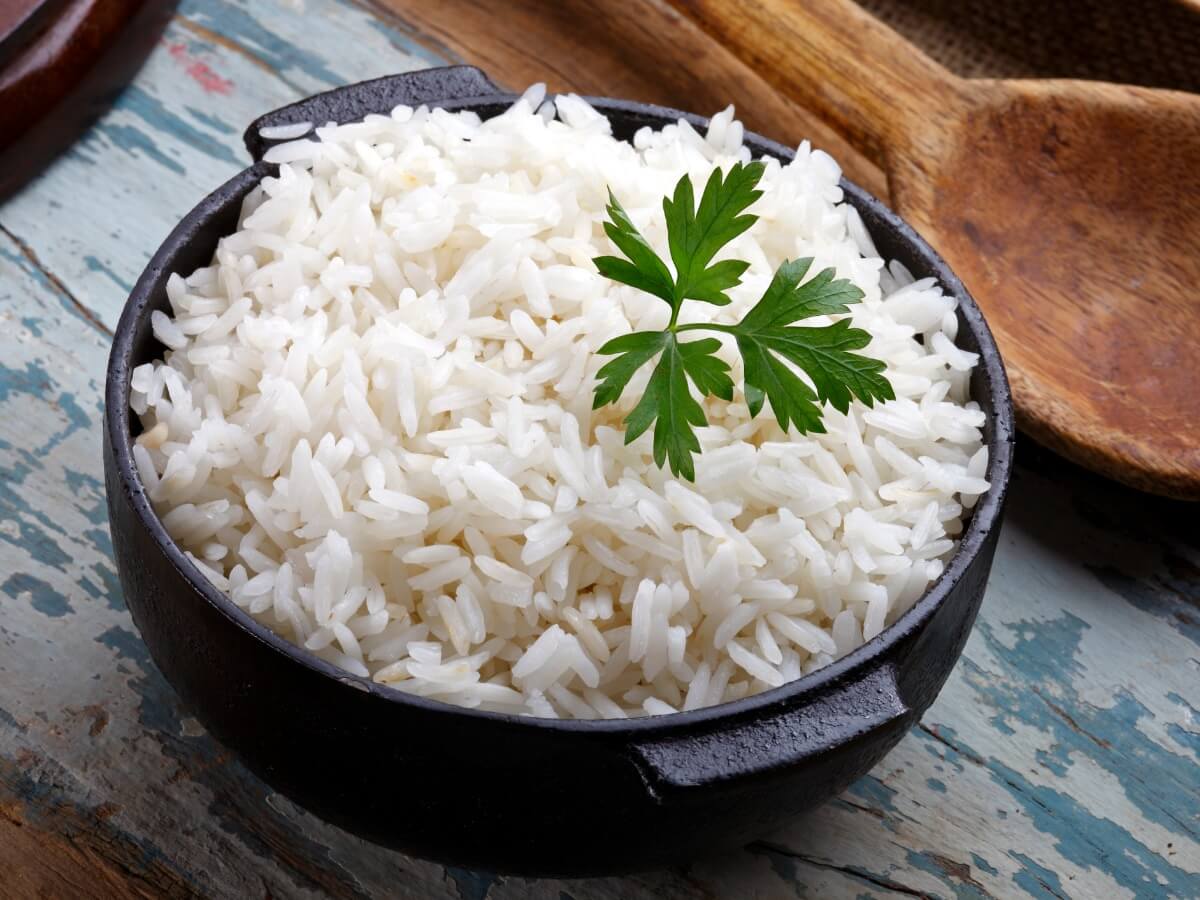 A bowl of white rice.