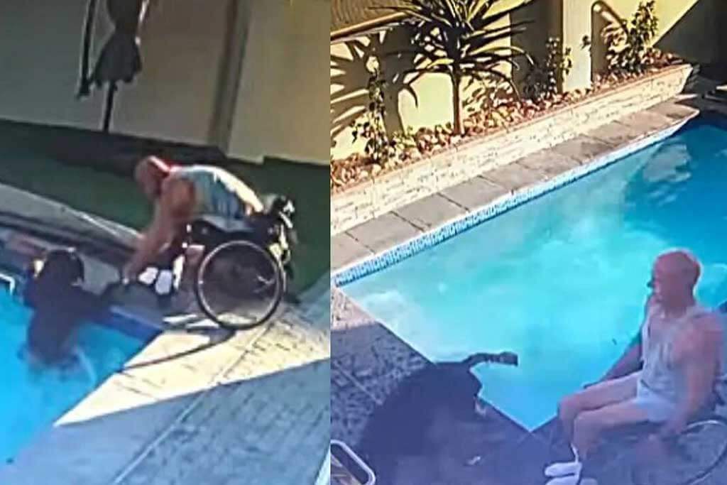 Hombre en silla de ruedas rescata a su perrito de ahogarse en piscina