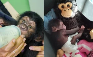 Bebé chimpancé no pudo recibir el amor de su madre y deposita sus esperanzas en un peluche