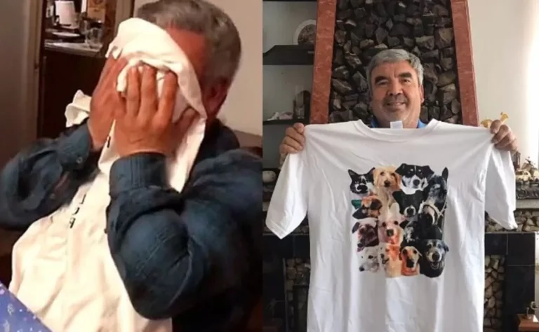 Un regalo inolvidable: recibe camiseta con fotos de sus compañeros perrunos en el cielo