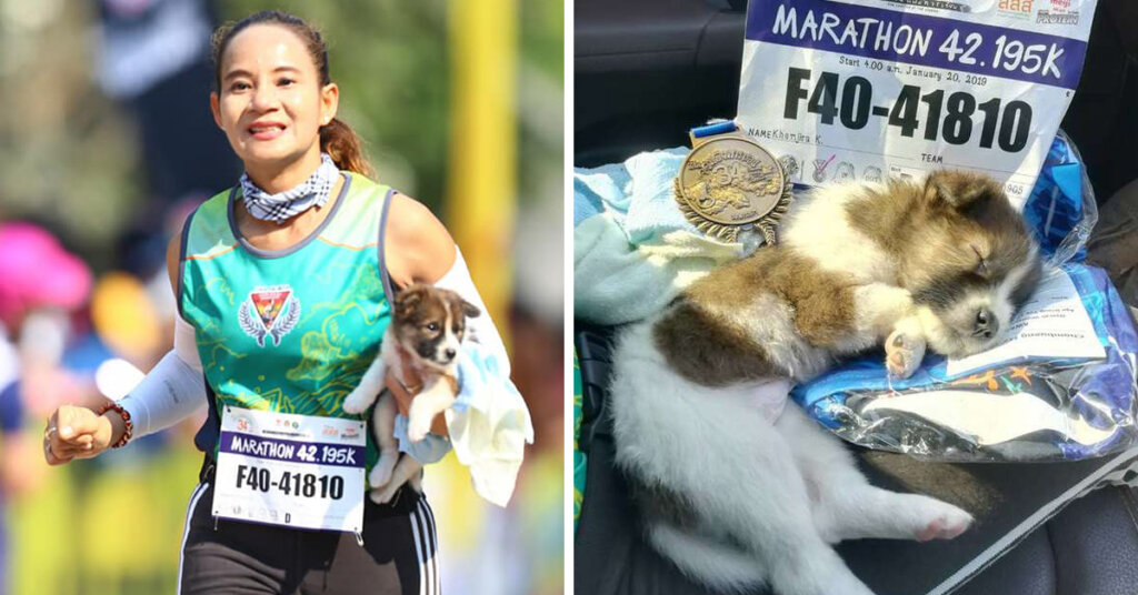 Mujer culmina maratón con un cachorro en sus brazos tras haberlo rescatado en el camino