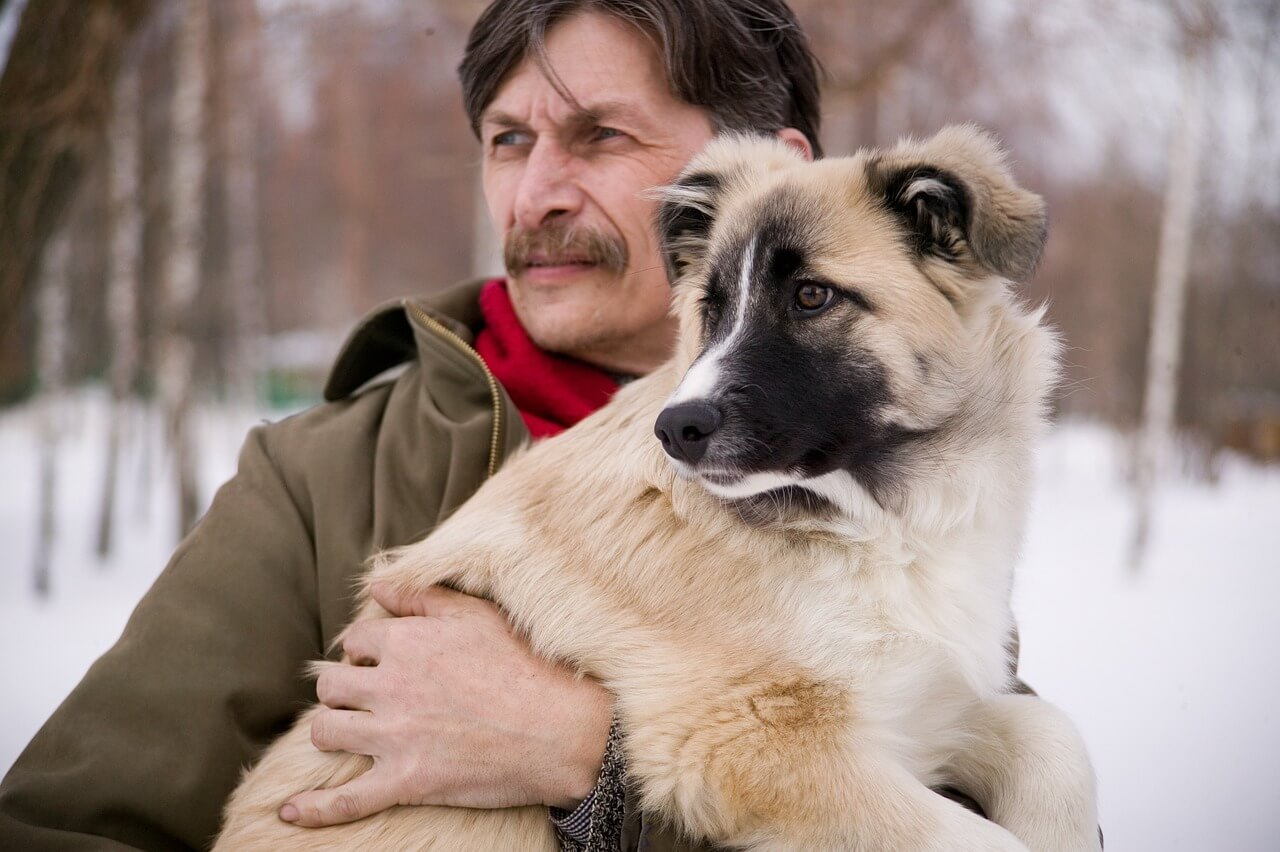 Hombre carga a cachorro. 