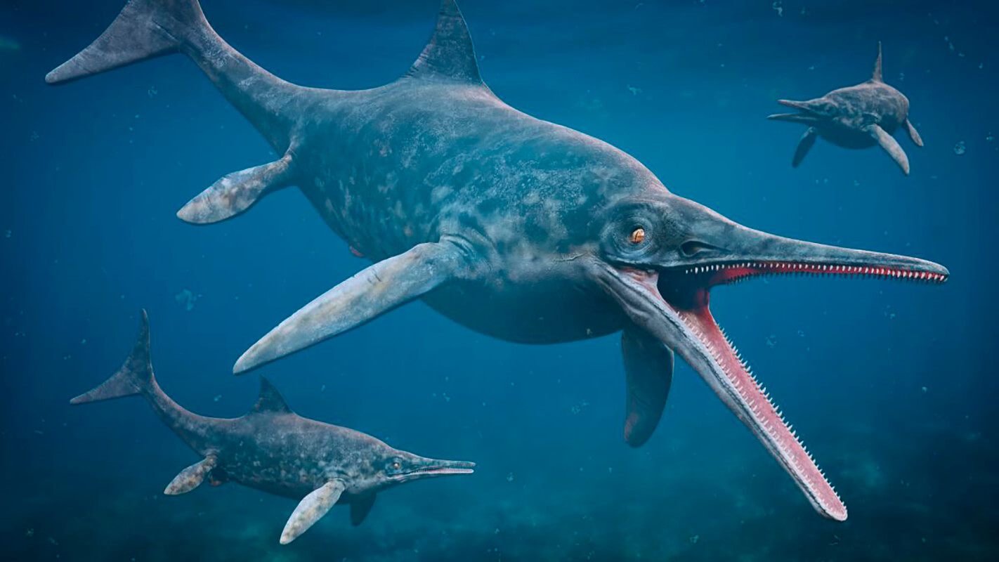 El ictiosaurio en el fondo del mar junto a dos ejemplares de su especie.