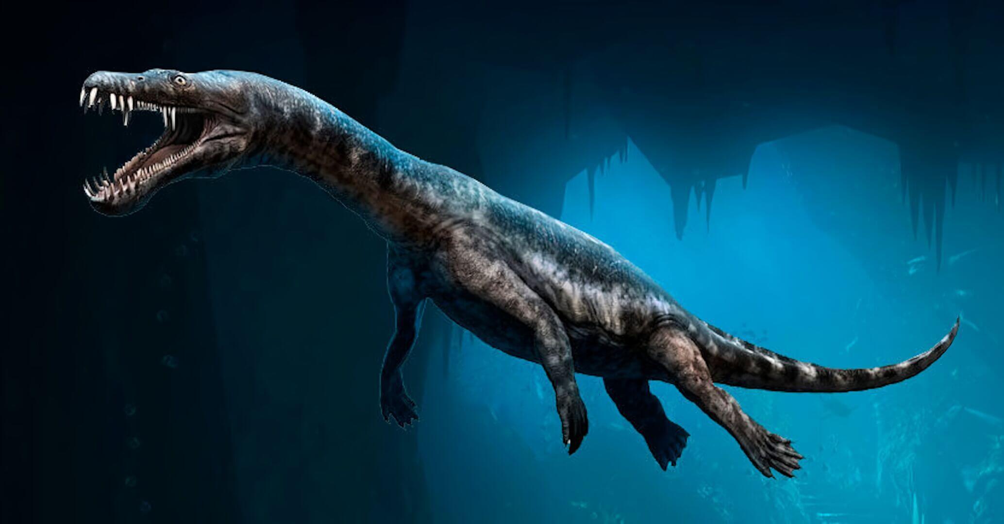 Okyanusta yüzen bir Notosaur'un dijital illüstrasyonu.