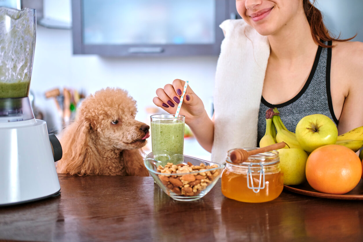 Mujer al lado de su perro, sentados en una mesa donde hay frutos secos. 