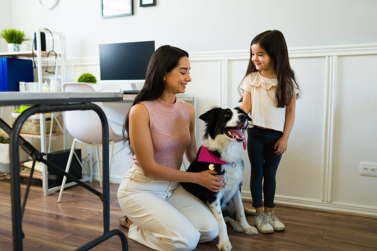 Madre e hija junto a su perro, ambas sonríen por la presencia del border collie en la familia. 