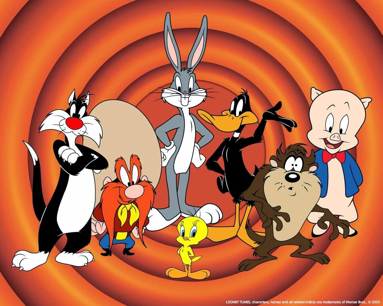 Personajes de los Looney Tunes, entre ellos, el gato blanco y negro conocido como Silvestre. 