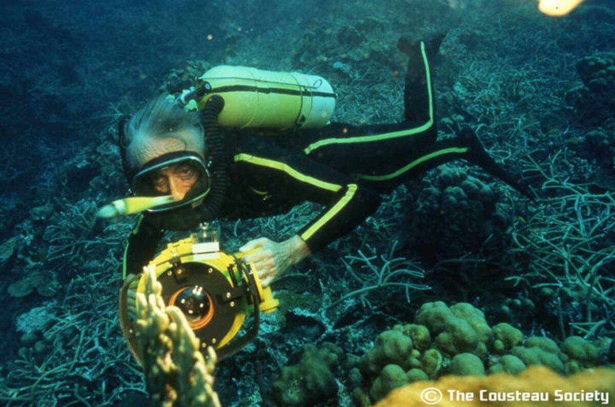 Jacques Cousteau bucea bajo el mar.