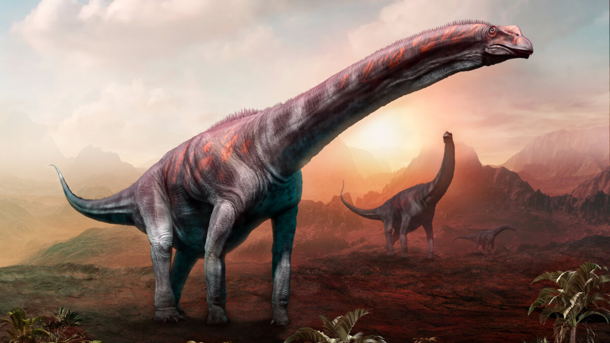 A digital image of two Argentinosaurus in a mountainous region.
