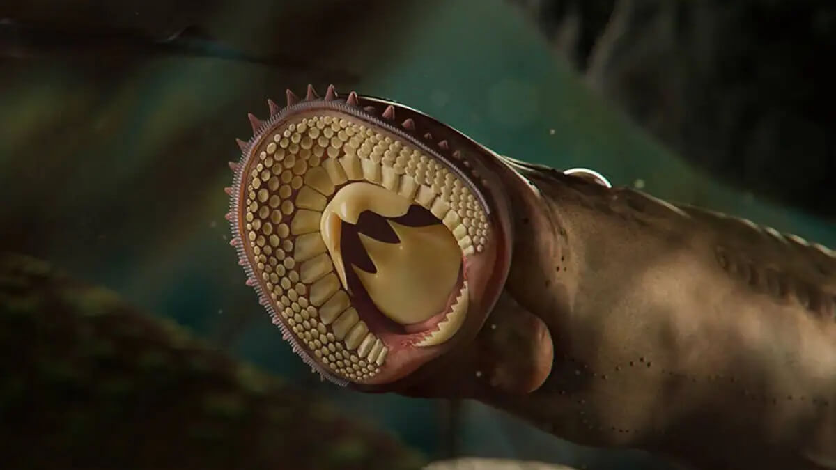 The mouth of a Lamprea Yanliaomyzon (Yanliaomyzon occisor).