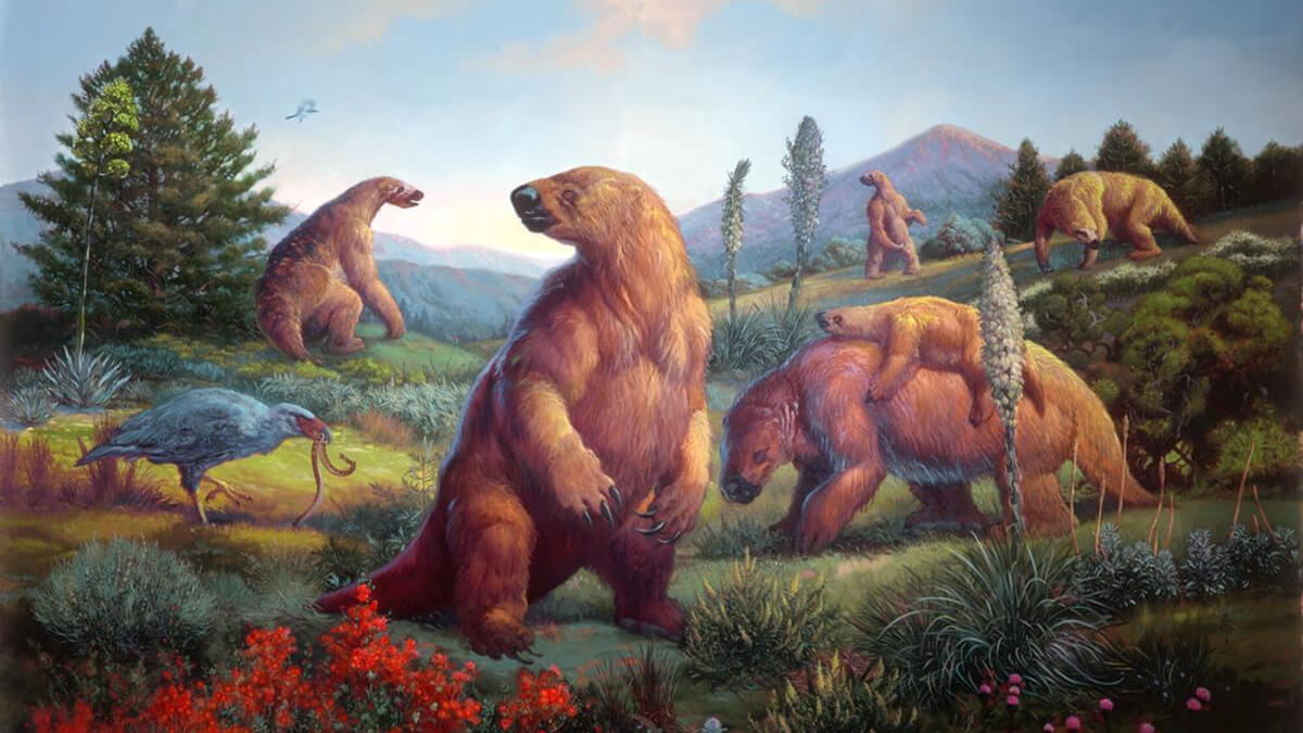 A painting of megatherium among grass and trees.