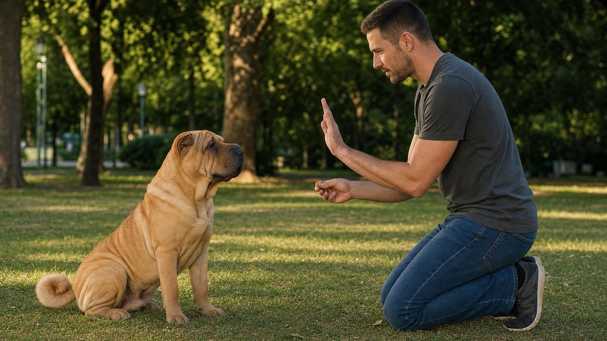 Hombre da una señal con la mano a un shar pei sentado y atento en un parque
