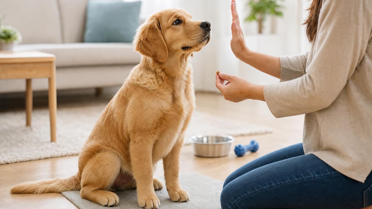 Cachorro de siete meses permanece sentado ante la señal de una persona durante el entrenamiento