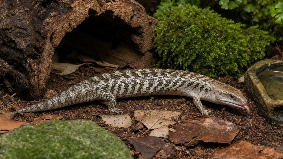 Un eslizón de lengua rosada camina entre hojas, musgo y corteza dentro de un terrario