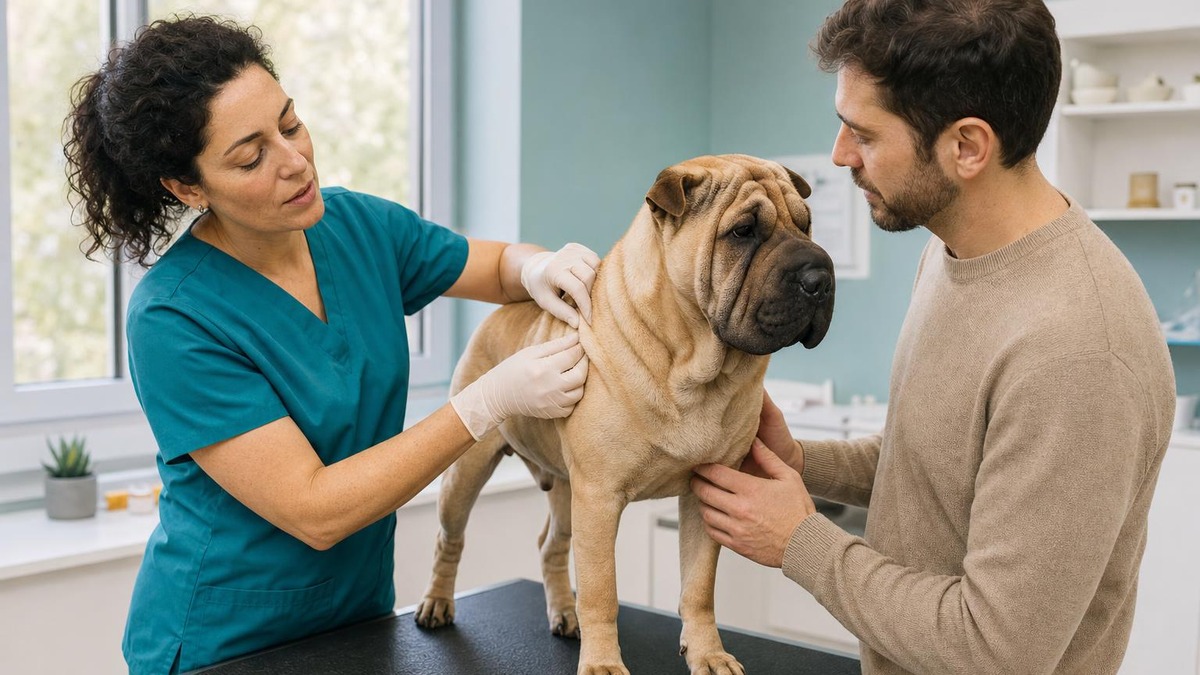 Una veterinaria examina los pliegues de la piel de un shar pei acompañado por su cuidador